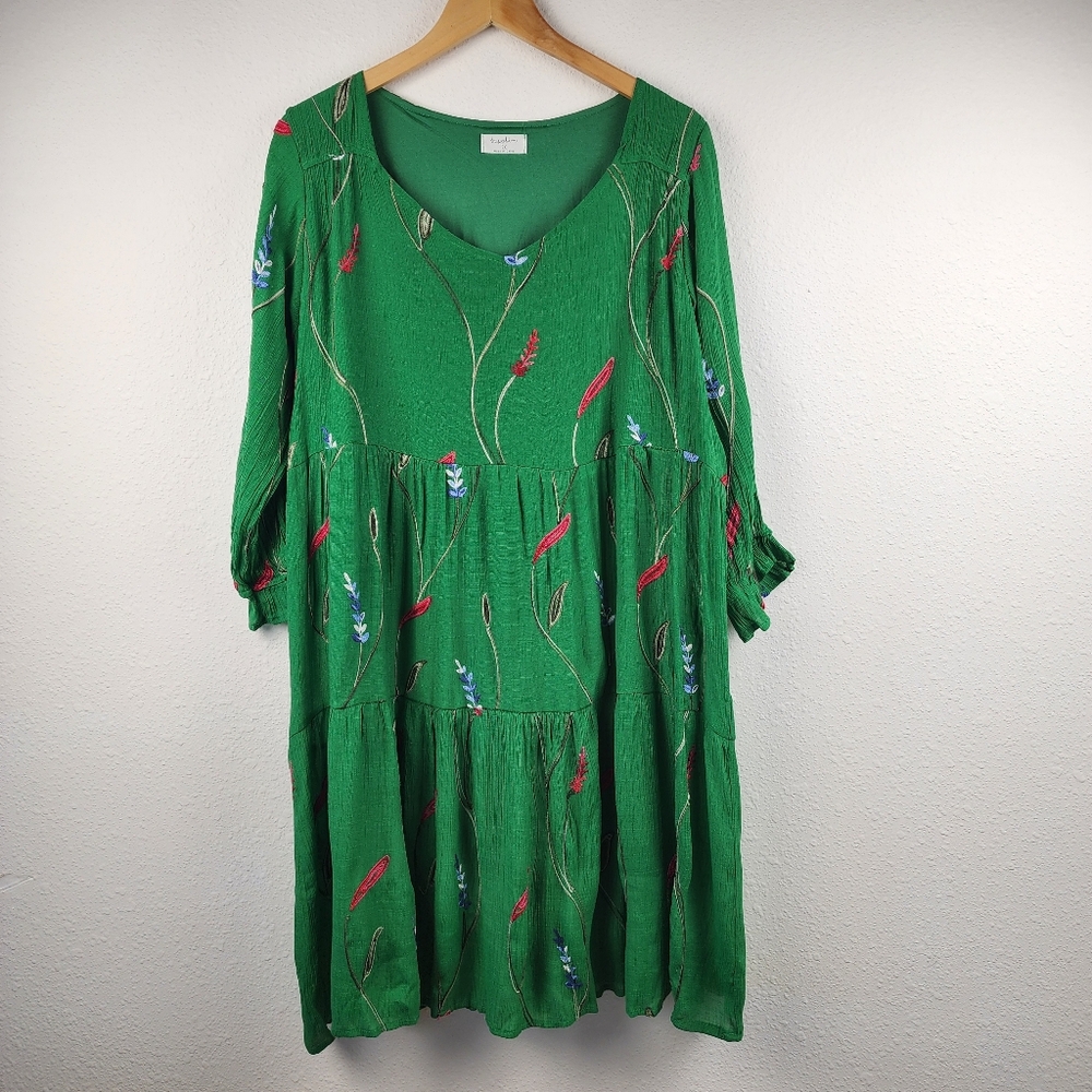 Sapphire Green Embroidered Tiered Babydoll Dress 2X Boho Cottagecore Peasant